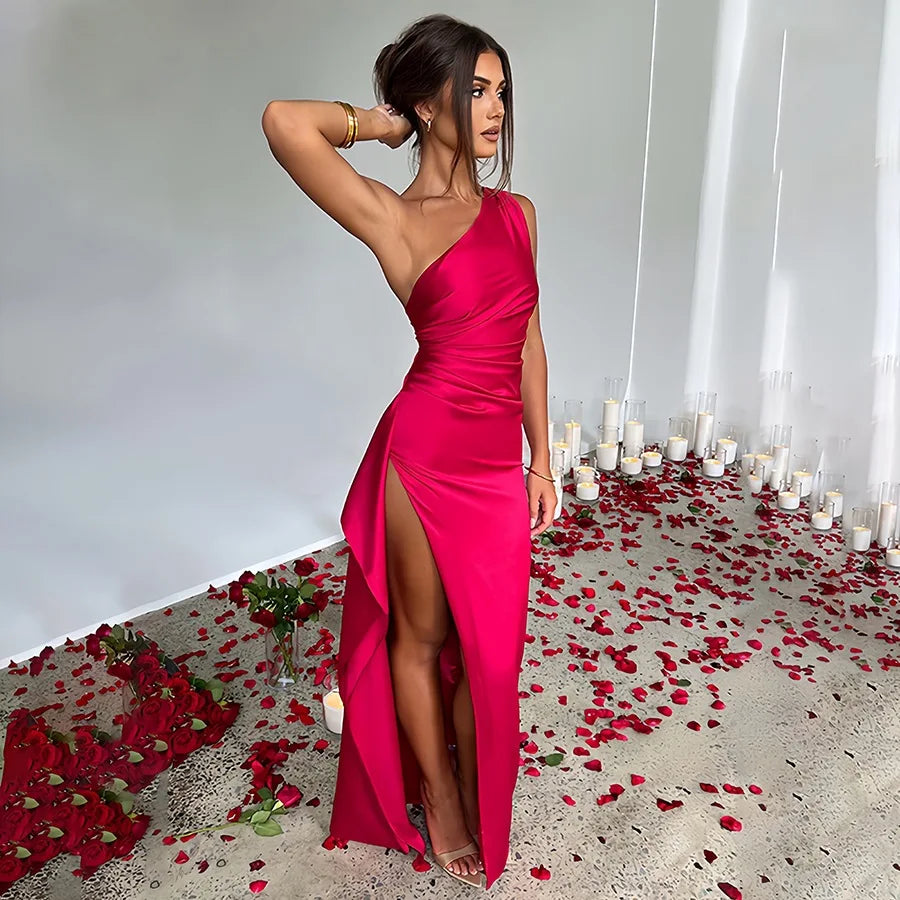 Vestido largo sexy y elegante, un solo hombro, sin mangas, con abertura alta en la espalda