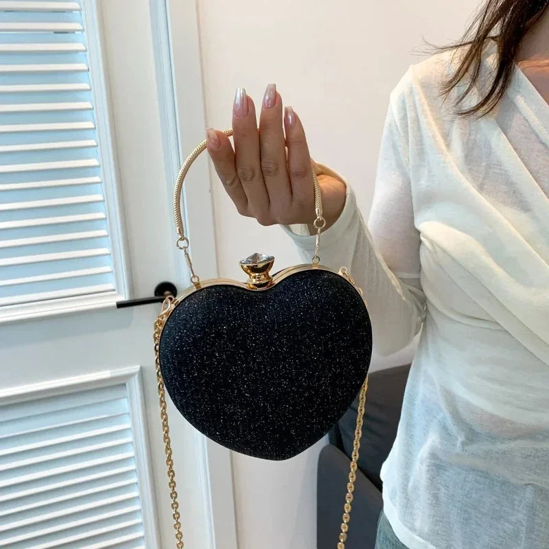 Bolso de mano de noche para mujer, bolso brillante con forma de corazón, bolsos de mano metálicos, bolsos de moda con cadena, bolsos de hombro y bandoleras de lujo para mujer