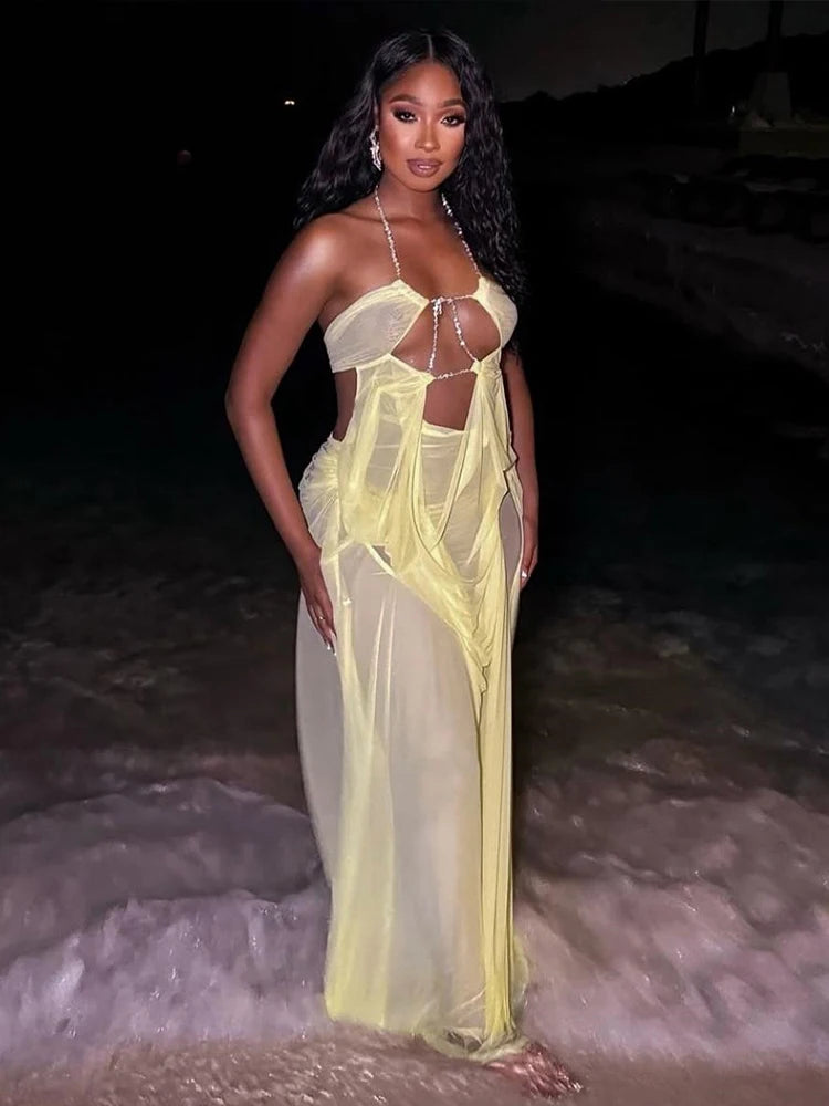 Vestido de fiesta Nibber para mujer, sexy, transparente, de lujo, con cadena, cuello halter bajo, sin espalda, sin mangas, elegante, medianoche.