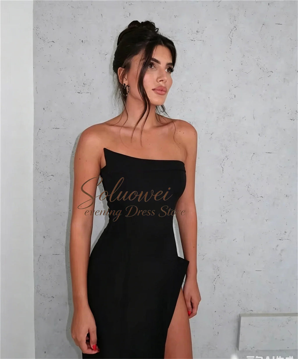 Hermoso y elegantes para mujer con pliegues, sencillo vestido de fiesta negro estilo sirena, sexy, sin hombros, con abertura alta, personalizados.