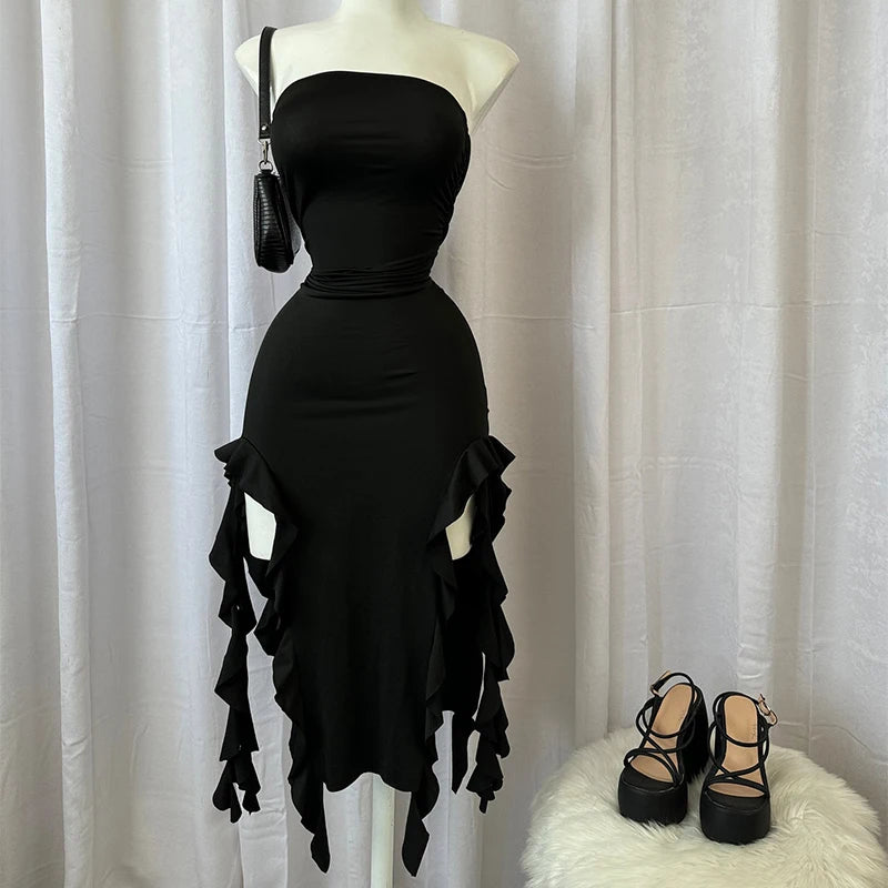 Vestido corto sin tirantes sexy  con abertura alta para mujer,vestido de fiesta negro y rosa sin espalda, sin mangas.
