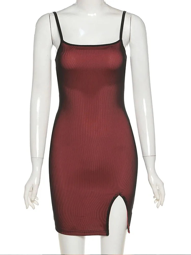 Vestido ajustado sexy de doble capa de malla para mujer, sin mangas, para fiestas, estilo bodycon, 2025, con vendaje elástico y abertura, tendencia para discotecas.