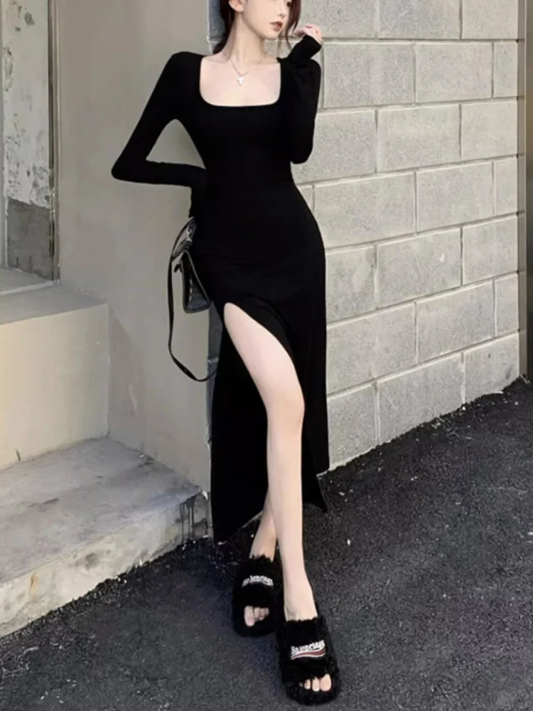 Vestido sexy con abertura lateral, ajustado, cruzado, por encima de la rodilla, de manga larga, negro, primavera/otoño Talla única