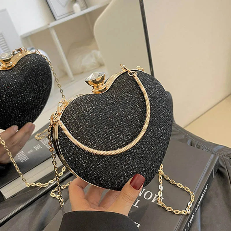 Bolso de mano de noche para mujer, bolso brillante con forma de corazón, bolsos de mano metálicos, bolsos de moda con cadena, bolsos de hombro y bandoleras de lujo para mujer