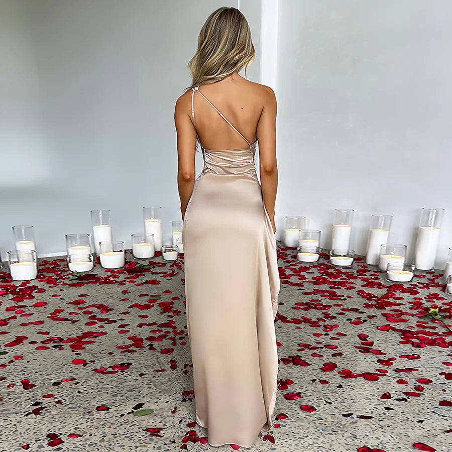 Vestido largo sexy y elegante, un solo hombro, sin mangas, con abertura alta en la espalda