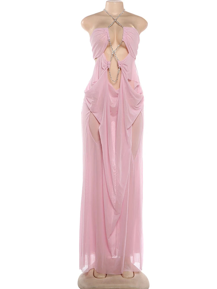 Vestido de fiesta Nibber para mujer, sexy, transparente, de lujo, con cadena, cuello halter bajo, sin espalda, sin mangas, elegante, medianoche.