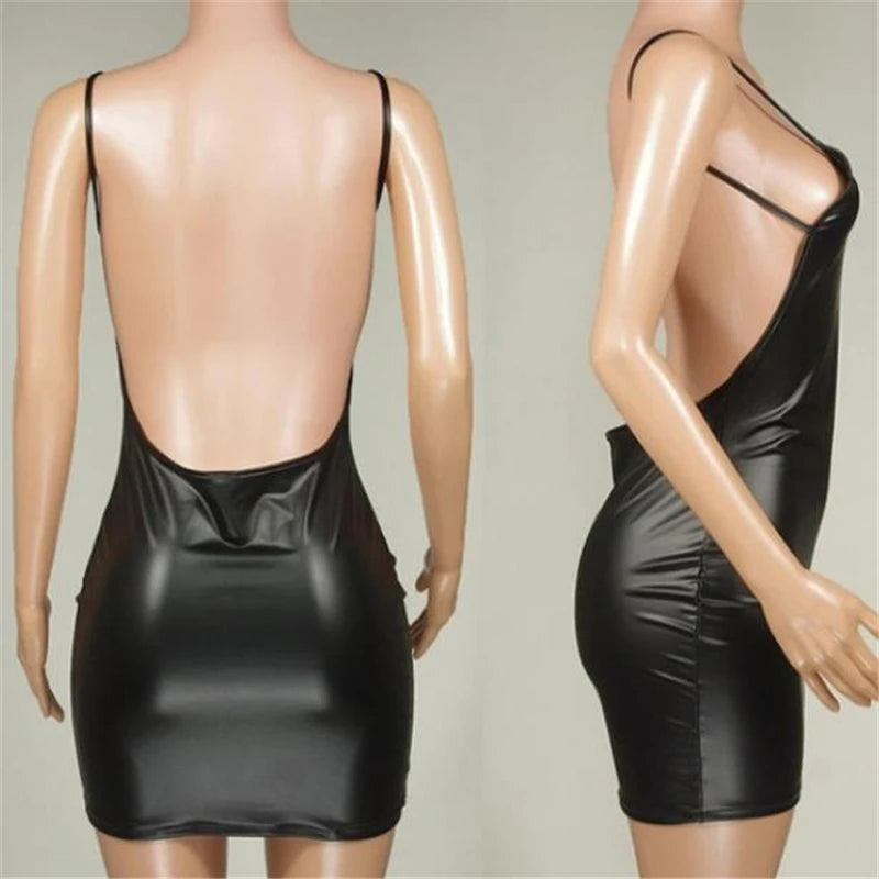 Vestido sexy de piel sintética sin espalda para fiestas en discotecas, vestido corto negro liso con efecto mojado, sujetador ajustado push-up de látex, minivestido micro