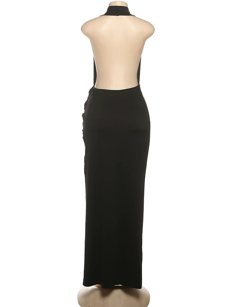 Vestido largo Sisterlinda Sexy High Splits para mujer, estilo halter, escote en V profundo, sin espalda, sin mangas, para fiestas en la piscina de verano, fruncido, elegante.