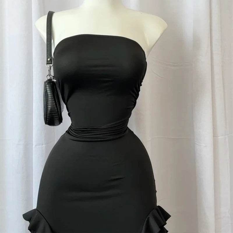 Vestido corto sin tirantes sexy  con abertura alta para mujer,vestido de fiesta negro y rosa sin espalda, sin mangas.
