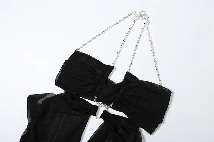 Vestido de fiesta Nibber para mujer, sexy, transparente, de lujo, con cadena, cuello halter bajo, sin espalda, sin mangas, elegante, medianoche.