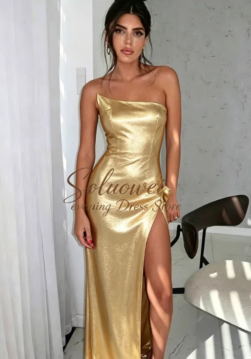 Hermoso y elegantes para mujer con pliegues, sencillo vestido de fiesta negro estilo sirena, sexy, sin hombros, con abertura alta, personalizados.