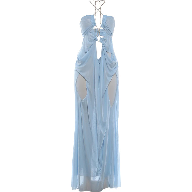 Vestido de fiesta Nibber para mujer, sexy, transparente, de lujo, con cadena, cuello halter bajo, sin espalda, sin mangas, elegante, medianoche.
