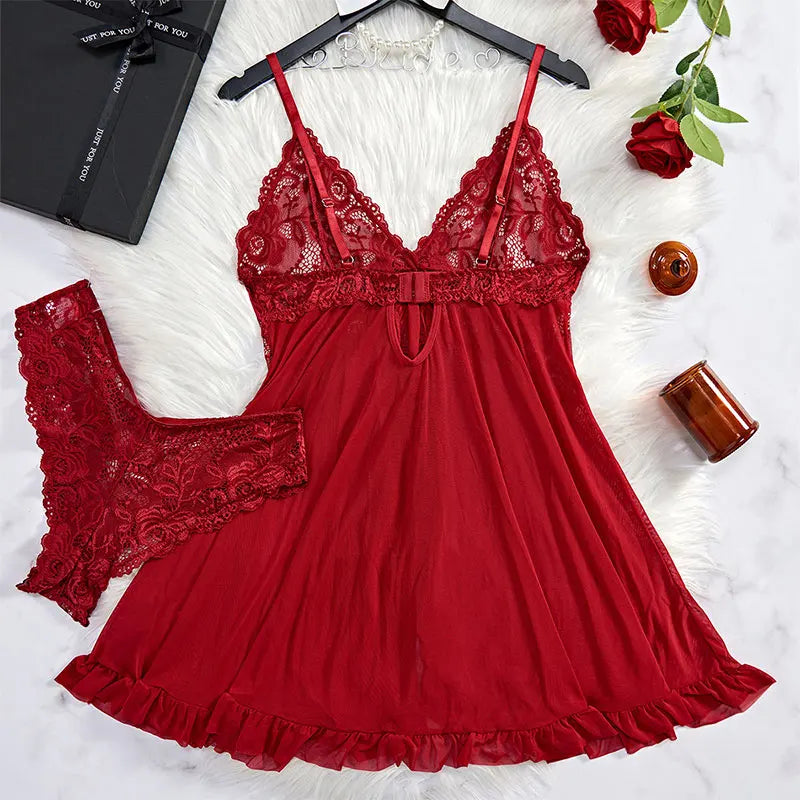 Conjunto de camisón ultra sexy de tul con escote en V, sujetador, falda abierta para dormir, vestido erótico de noche, pijama transparente para mujer, lencería, pantalones, kit de lujo.