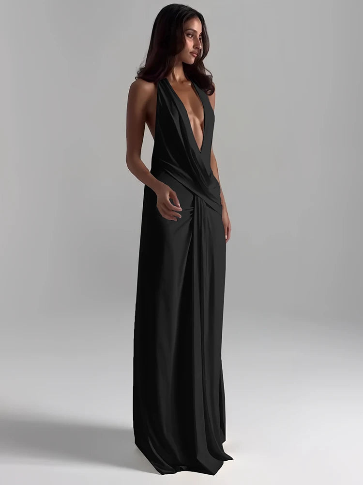 Vestido largo Sisterlinda Sexy High Splits para mujer, estilo halter, escote en V profundo, sin espalda, sin mangas, para fiestas en la piscina de verano, fruncido, elegante.