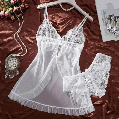 Conjunto de camisón ultra sexy de tul con escote en V, sujetador, falda abierta para dormir, vestido erótico de noche, pijama transparente para mujer, lencería, pantalones, kit de lujo.