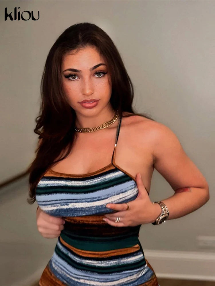 Vestidos cortos de rayas con paneles de Kliou, estilo estético, sexy, ajustados, con escote asimétrico, sin espalda, estilo vintage, ideales para salir de fiesta.