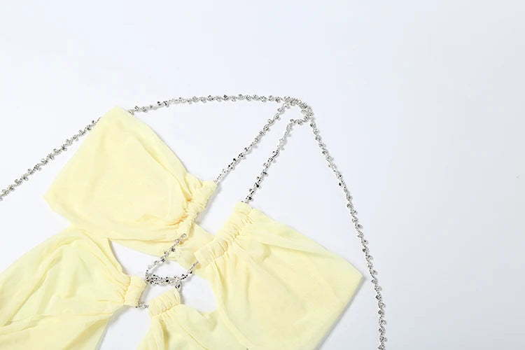 Vestido de fiesta Nibber para mujer, sexy, transparente, de lujo, con cadena, cuello halter bajo, sin espalda, sin mangas, elegante, medianoche.