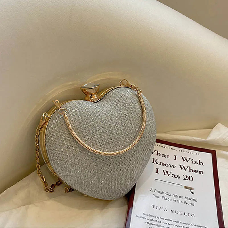 Bolso de mano de noche para mujer, bolso brillante con forma de corazón, bolsos de mano metálicos, bolsos de moda con cadena, bolsos de hombro y bandoleras de lujo para mujer