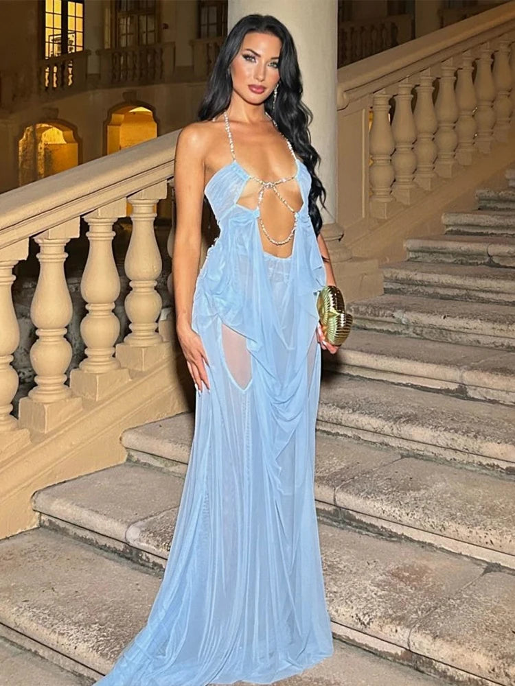 Vestido de fiesta Nibber para mujer, sexy, transparente, de lujo, con cadena, cuello halter bajo, sin espalda, sin mangas, elegante, medianoche.