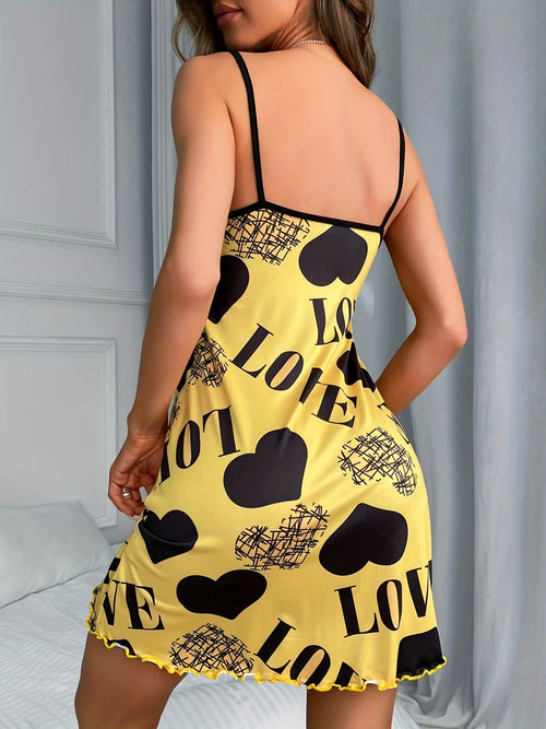 Camisón de verano para mujer, sin espalda, con estampado de corazones LOVE, suave y transpirable, con volantes en el bajo y cuello redondo.