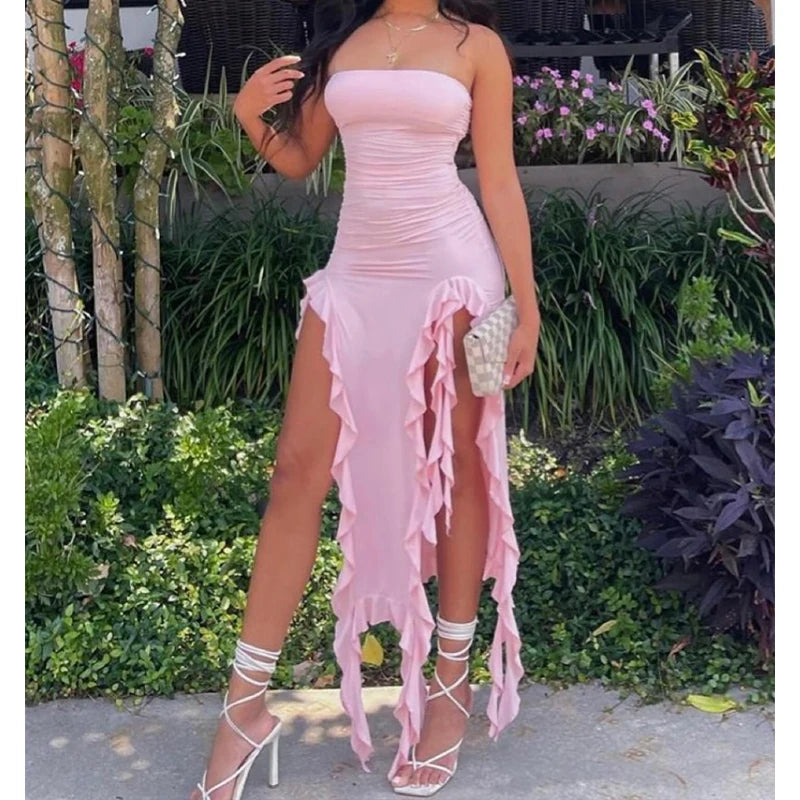 Vestido corto sin tirantes sexy  con abertura alta para mujer,vestido de fiesta negro y rosa sin espalda, sin mangas.