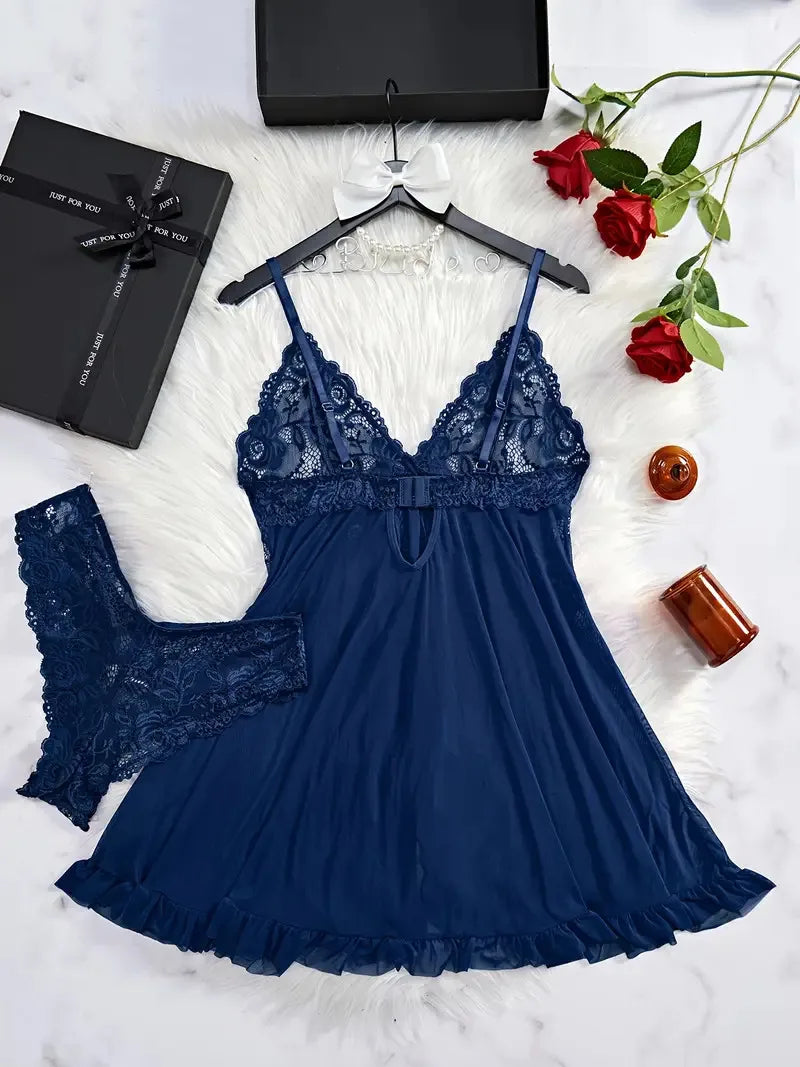 Conjunto de camisón ultra sexy de tul con escote en V, sujetador, falda abierta para dormir, vestido erótico de noche, pijama transparente para mujer, lencería, pantalones, kit de lujo.