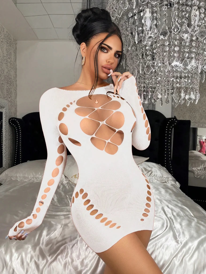 Vestido ajustado sexy de mujer con cuello halter, aberturas y lencería elástica de rejilla, ropa de dormir, ropa de noche